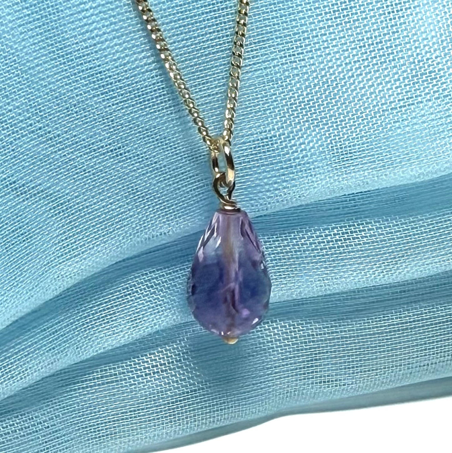 Amethyst necklace teardrop shaped yellow gold drop pendant With chain