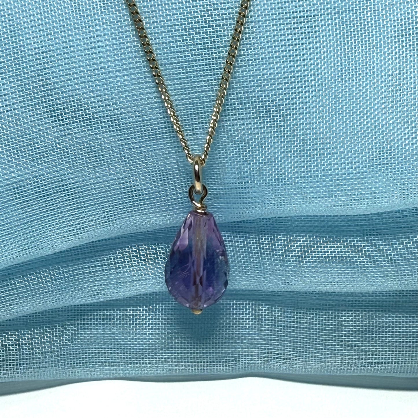 Amethyst necklace teardrop shaped yellow gold drop pendant