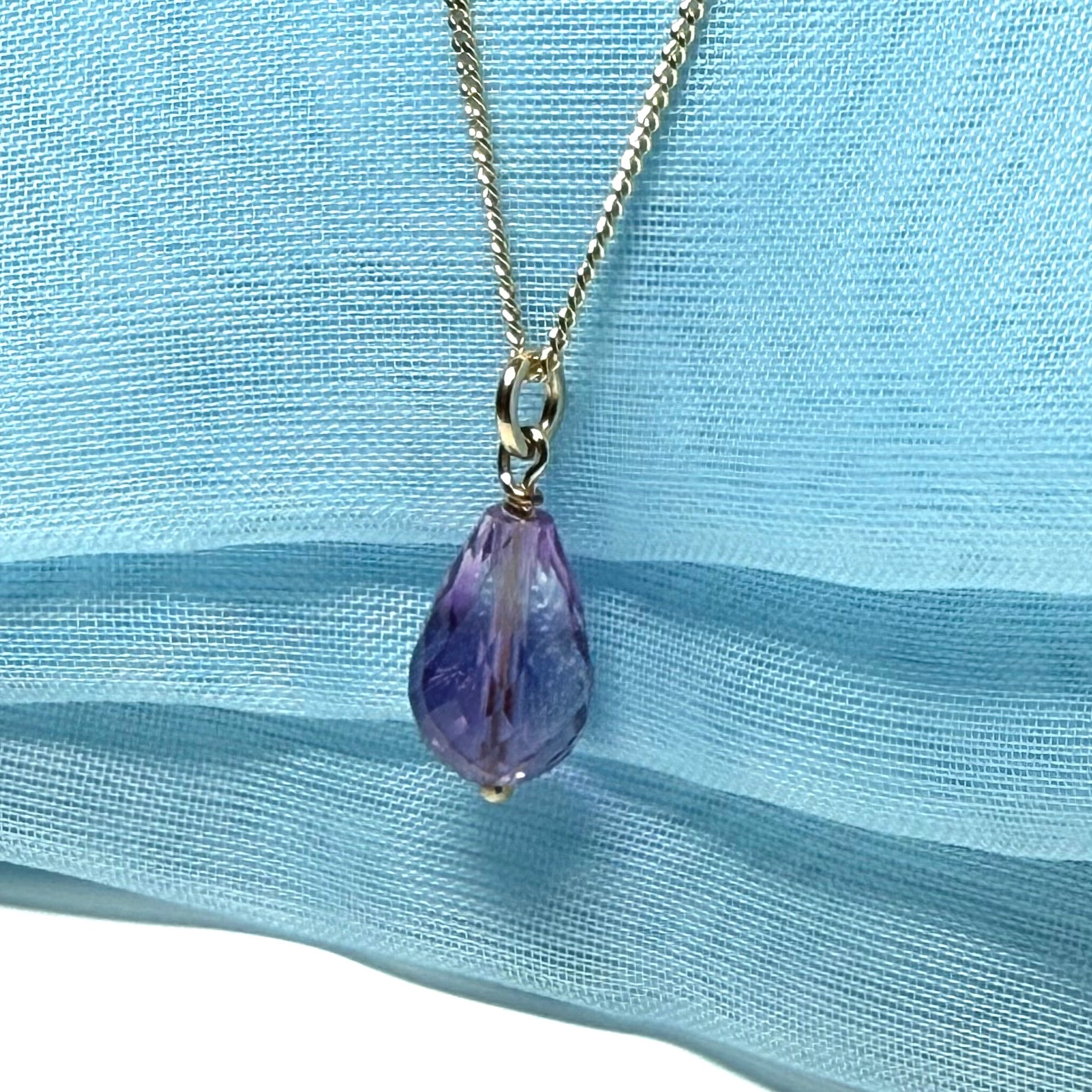 Amethyst necklace teardrop shaped yellow gold drop pendant With chain