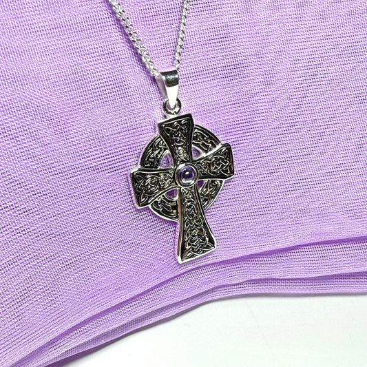 Amethyst sterling silver Celtic cross including chain