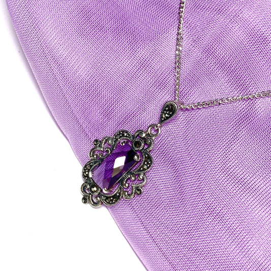 Large amethyst and marcasite silver large drop necklace