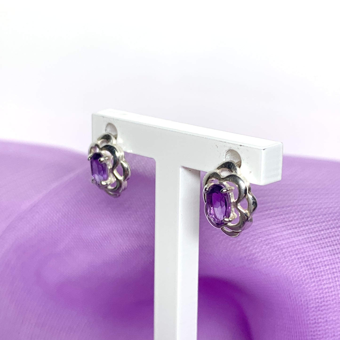 Real amethyst purple sterling silver oval stud earrings