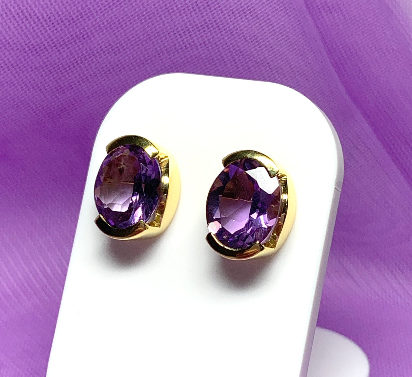 Real amethyst stud earrings oval purple sterling silver gilt