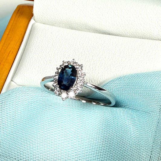 Oval Blue Real Sapphire and Diamond White Gold Cluster Ring