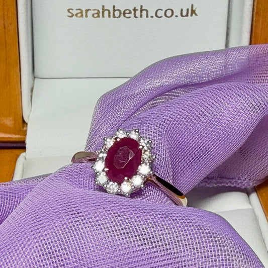 Oval red real ruby and real diamond yellow gold cluster ring