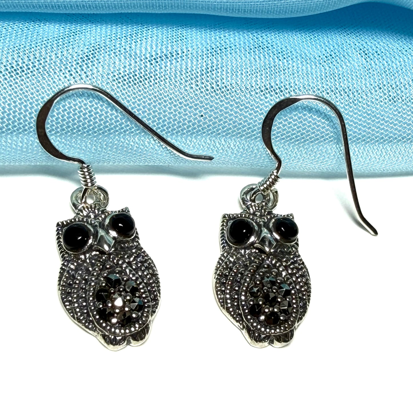 Owl shaped drop earrings with real black agate and real marcasite sparkling dangle