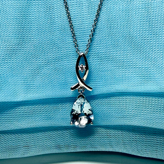 Aquamarine & Diamond White Gold Pendant Necklace | Pear Cut Aquamarine Necklace