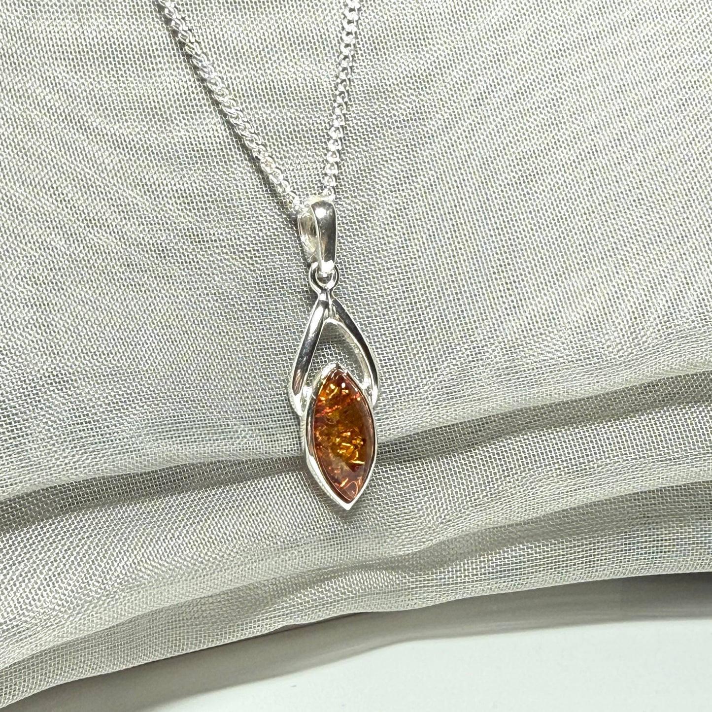 Real amber necklace sterling silver marquise shaped open pendant