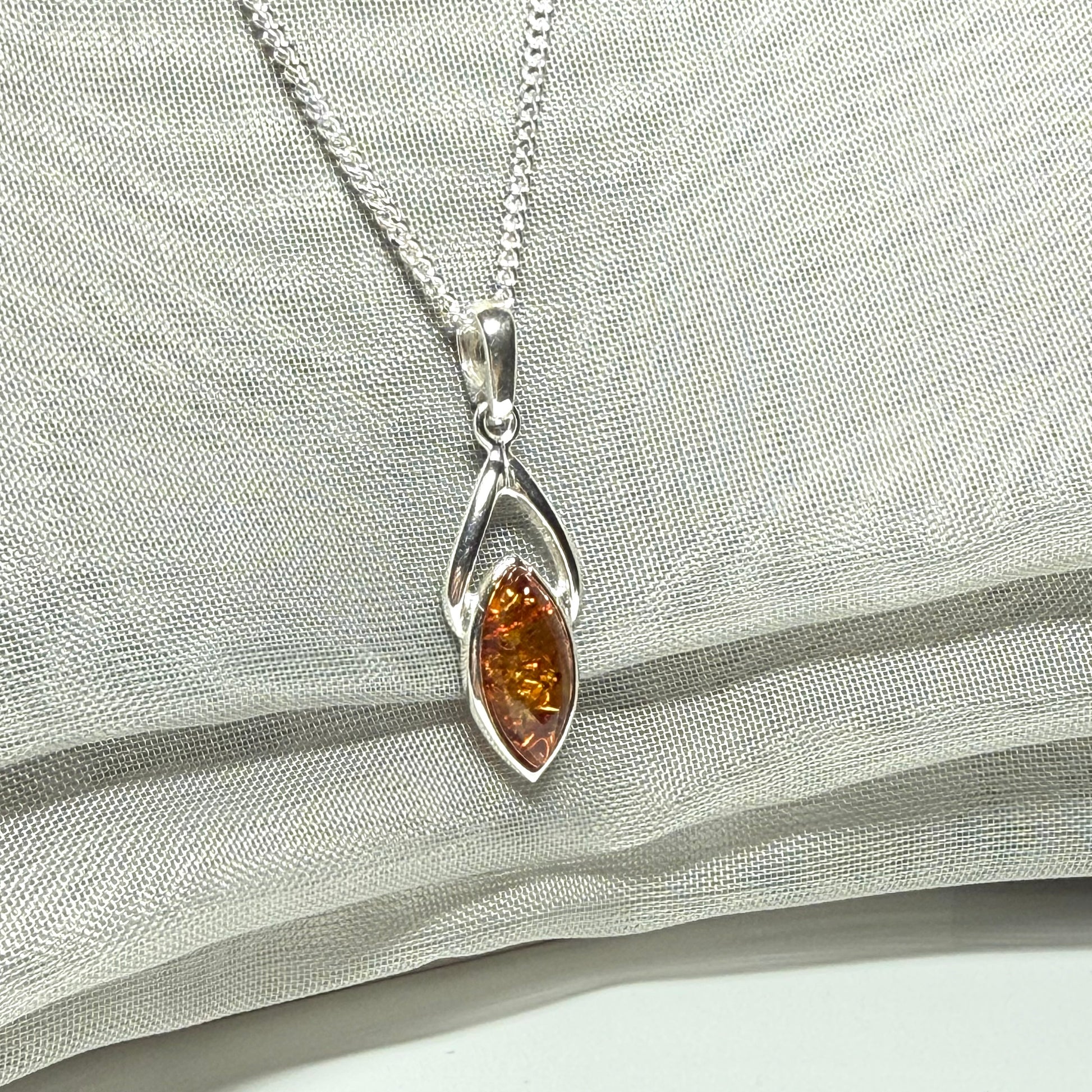 Real amber necklace sterling silver marquise shaped open pendant