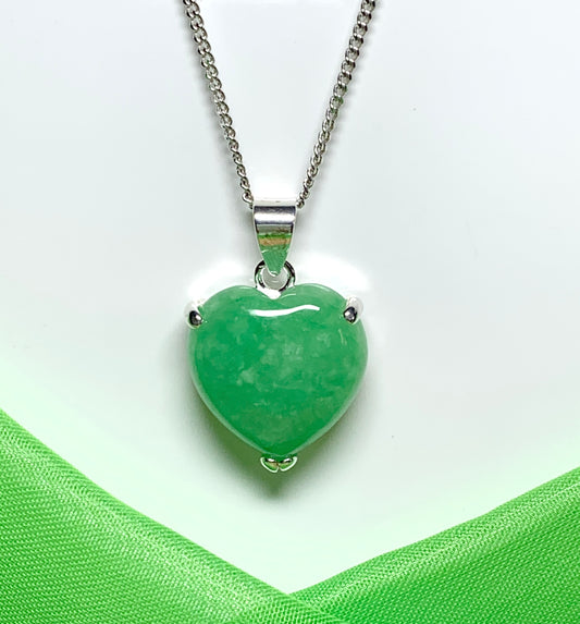 A real green jade necklace heart shape sterling silver pendant