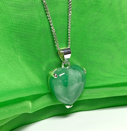 A real green jade necklace heart shape sterling silver pendant