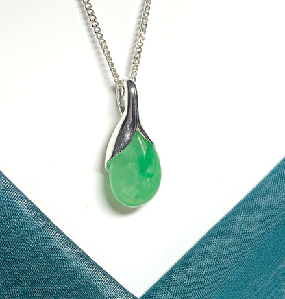 Real green jade tear drop sterling silver pear shape pendant