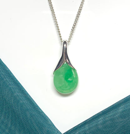 Real green jade tear drop sterling silver pear shape pendant