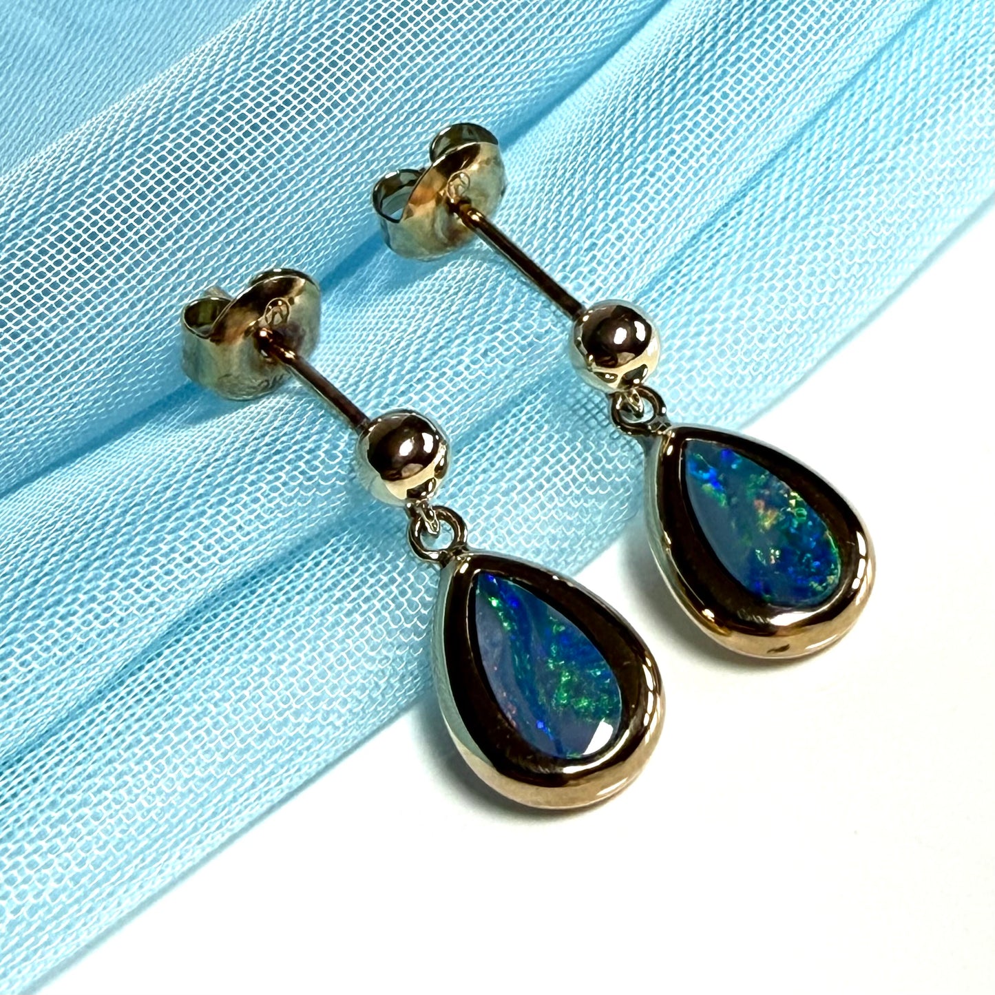 Australian dark blue real opal pear teardrop shaped yellow gold drop earrings