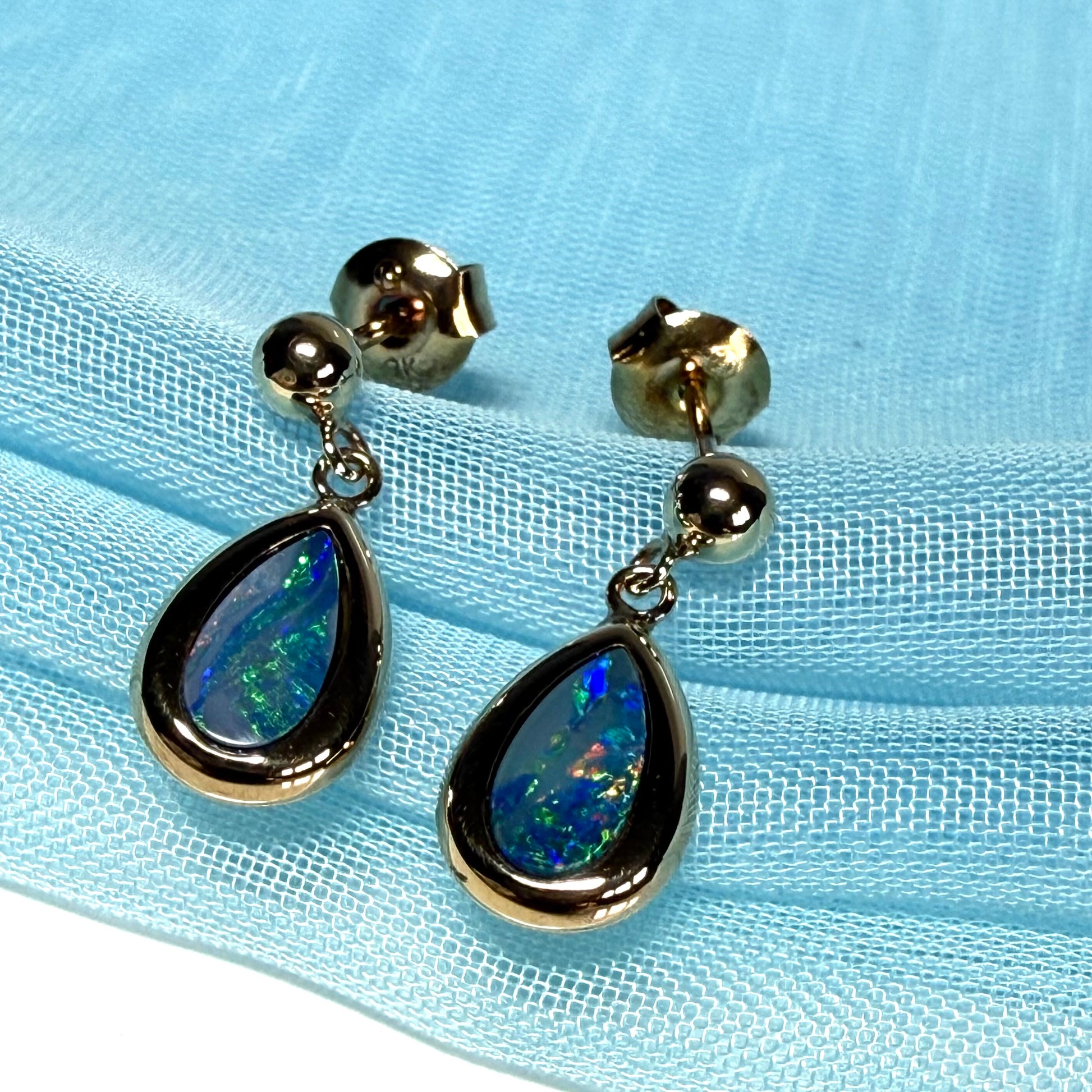 Australian dark blue real opal pear teardrop shaped yellow gold drop earrings