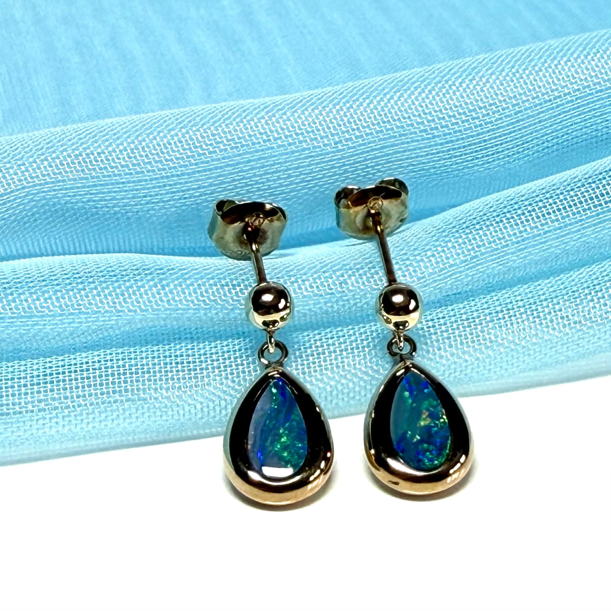 Australian dark blue real opal pear teardrop shaped yellow gold drop earrings