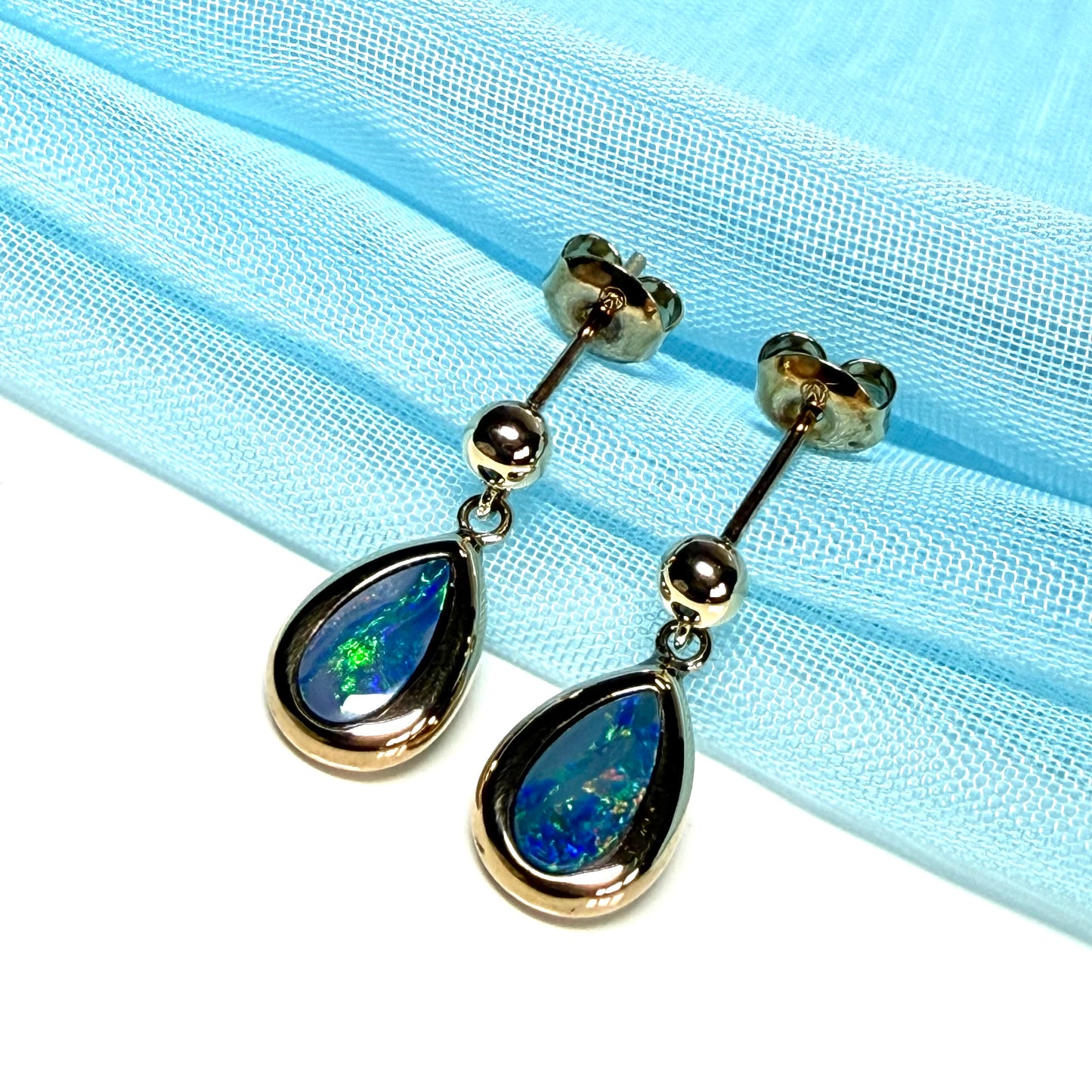 Australian dark blue real opal pear teardrop shaped yellow gold drop earrings
