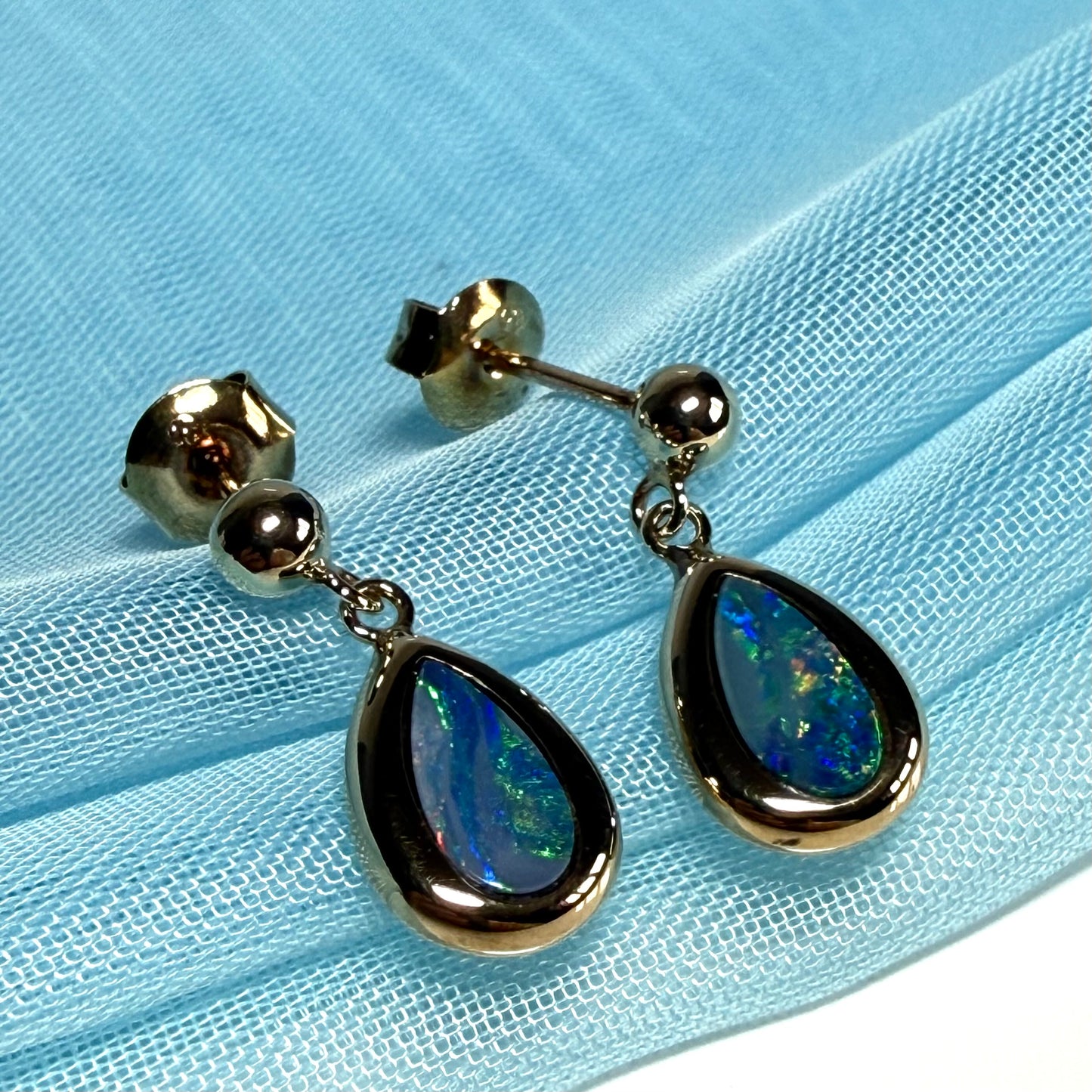 Australian dark blue real opal pear teardrop shaped yellow gold drop earrings