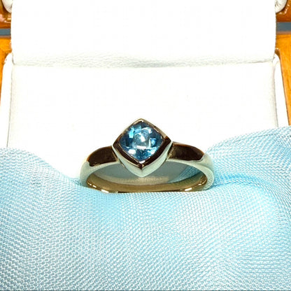 Blue topaz ladies dress ring yellow gold with a smooth rubbed over setting