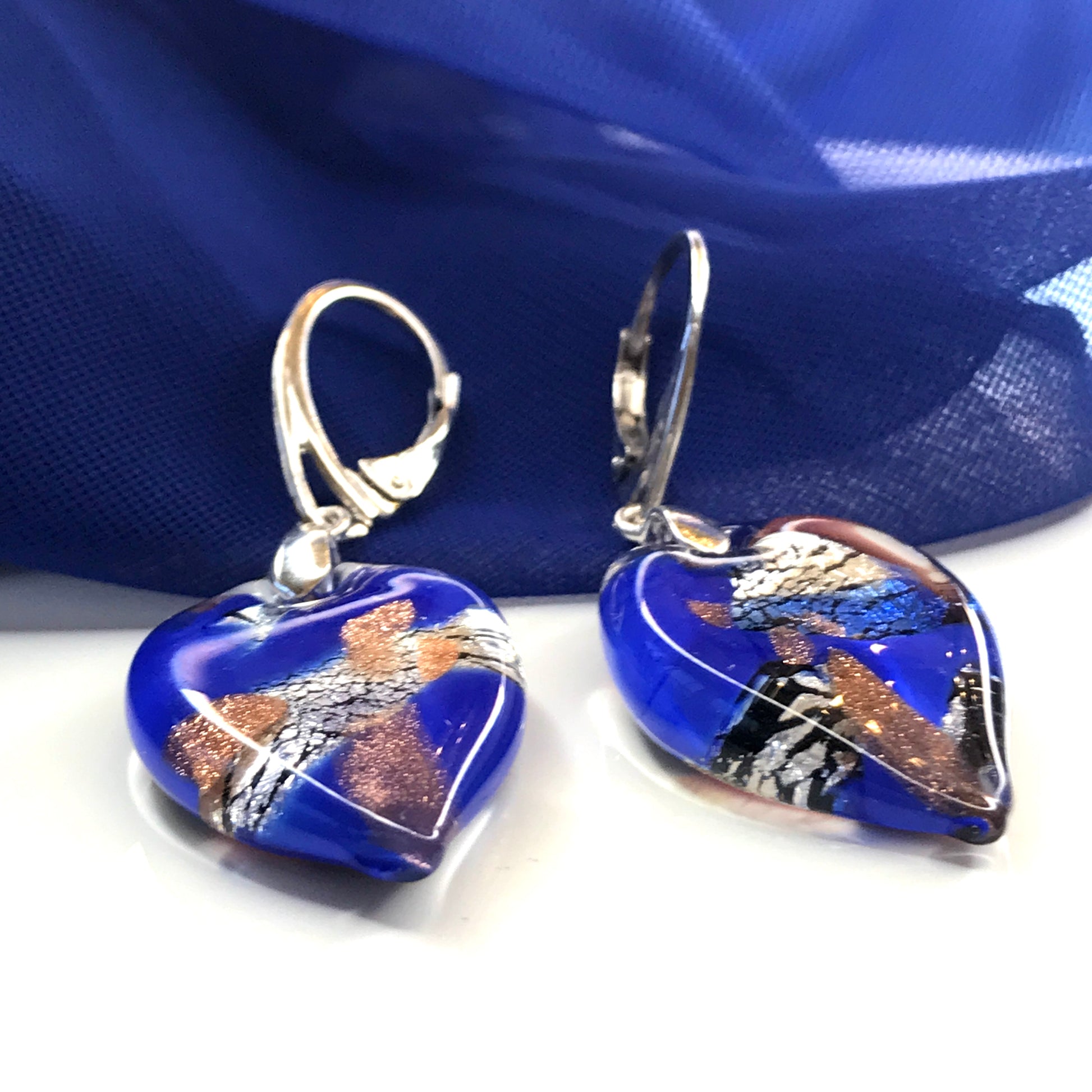 Beautiful Blue Real Murano Glass Leaf Drop Earrings