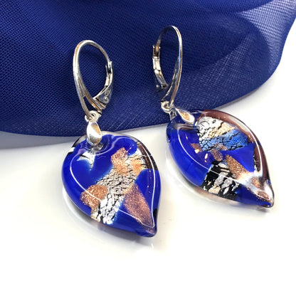 Beautiful Blue Real Murano Glass Leaf Drop Earrings