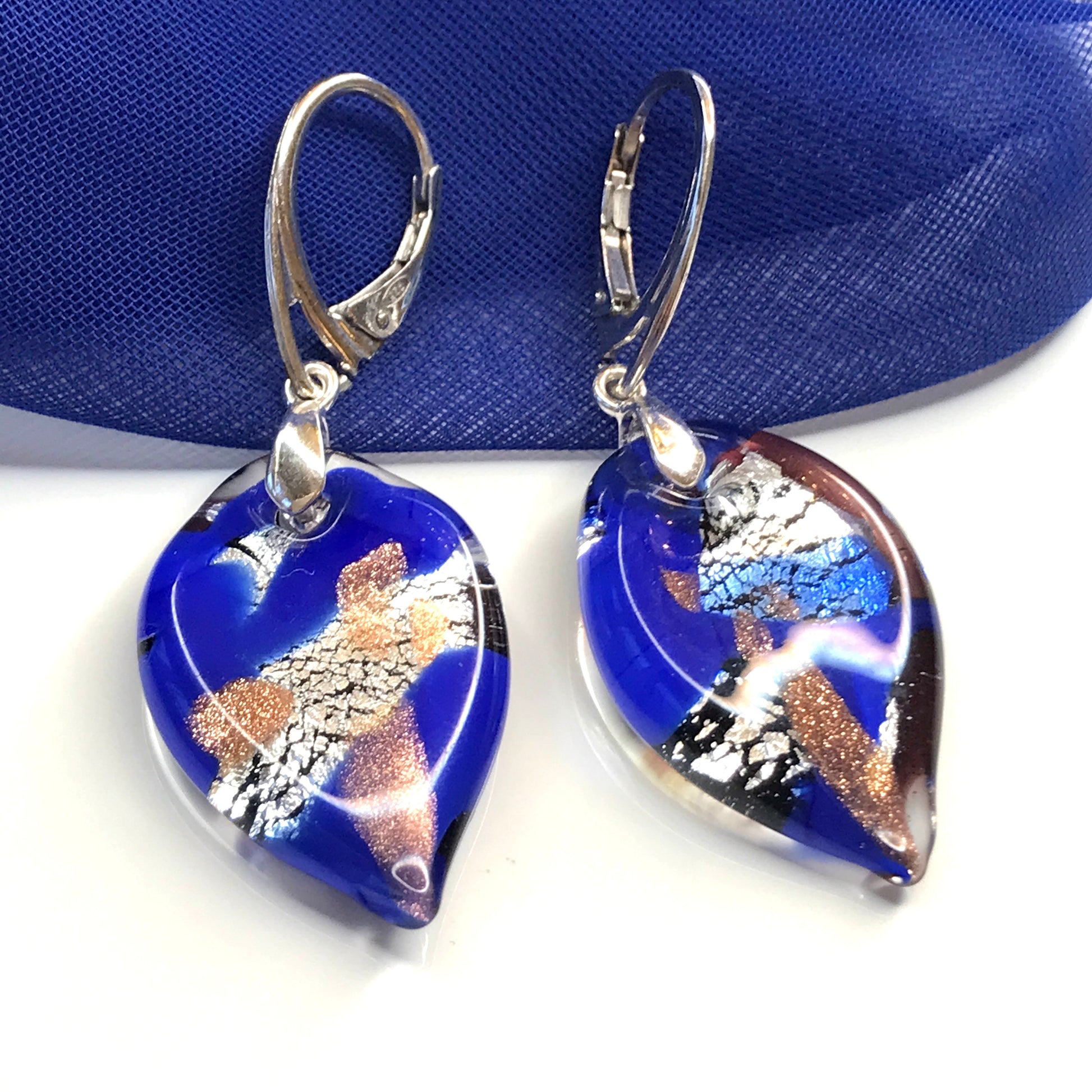 Beautiful Blue Real Murano Glass Leaf Drop Earrings