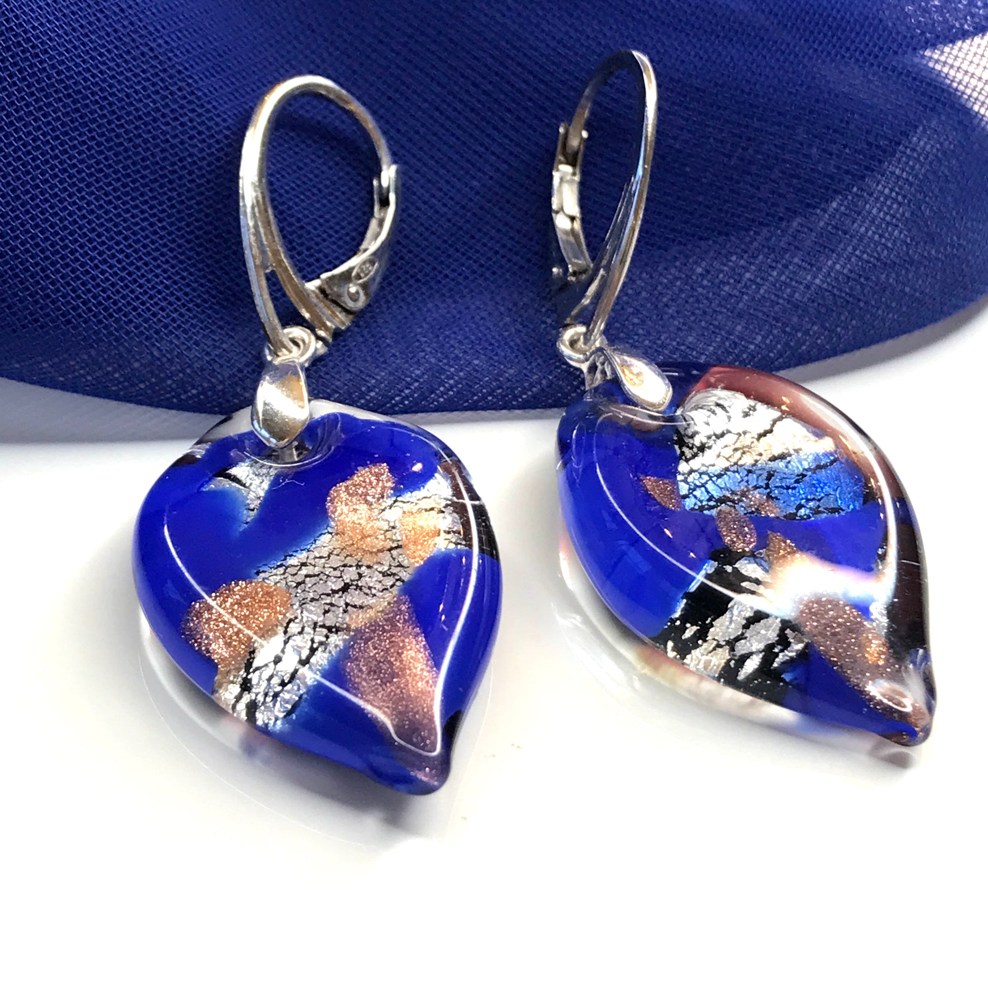 Beautiful Blue Real Murano Glass Leaf Drop Earrings