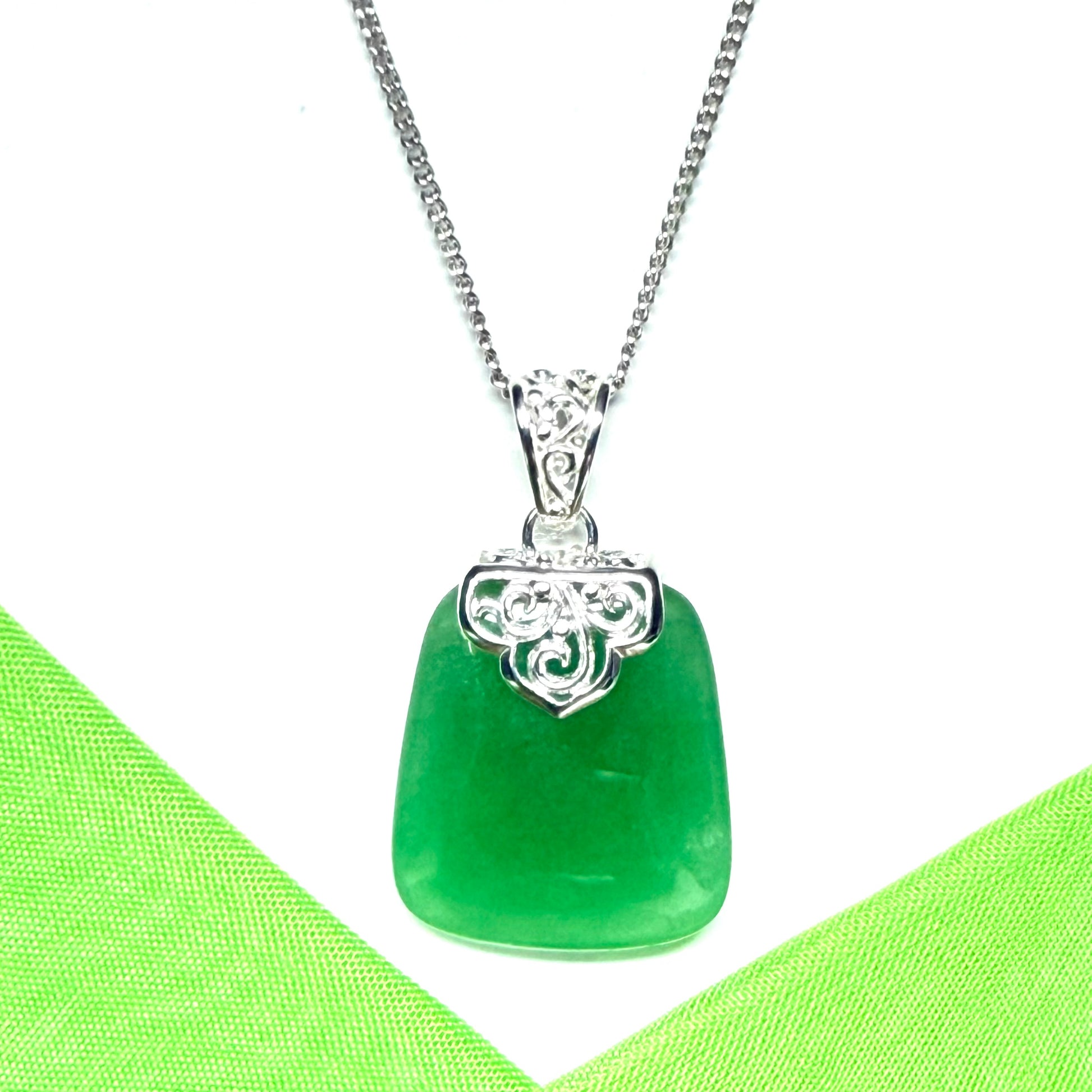 Beautiful and timeless real green jade necklace large cushion shaped with a chain