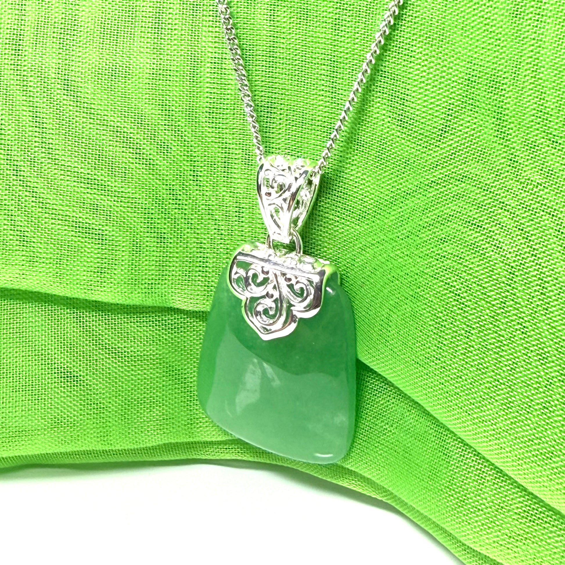 Beautiful and timeless real green jade necklace large cushion shaped with a chain