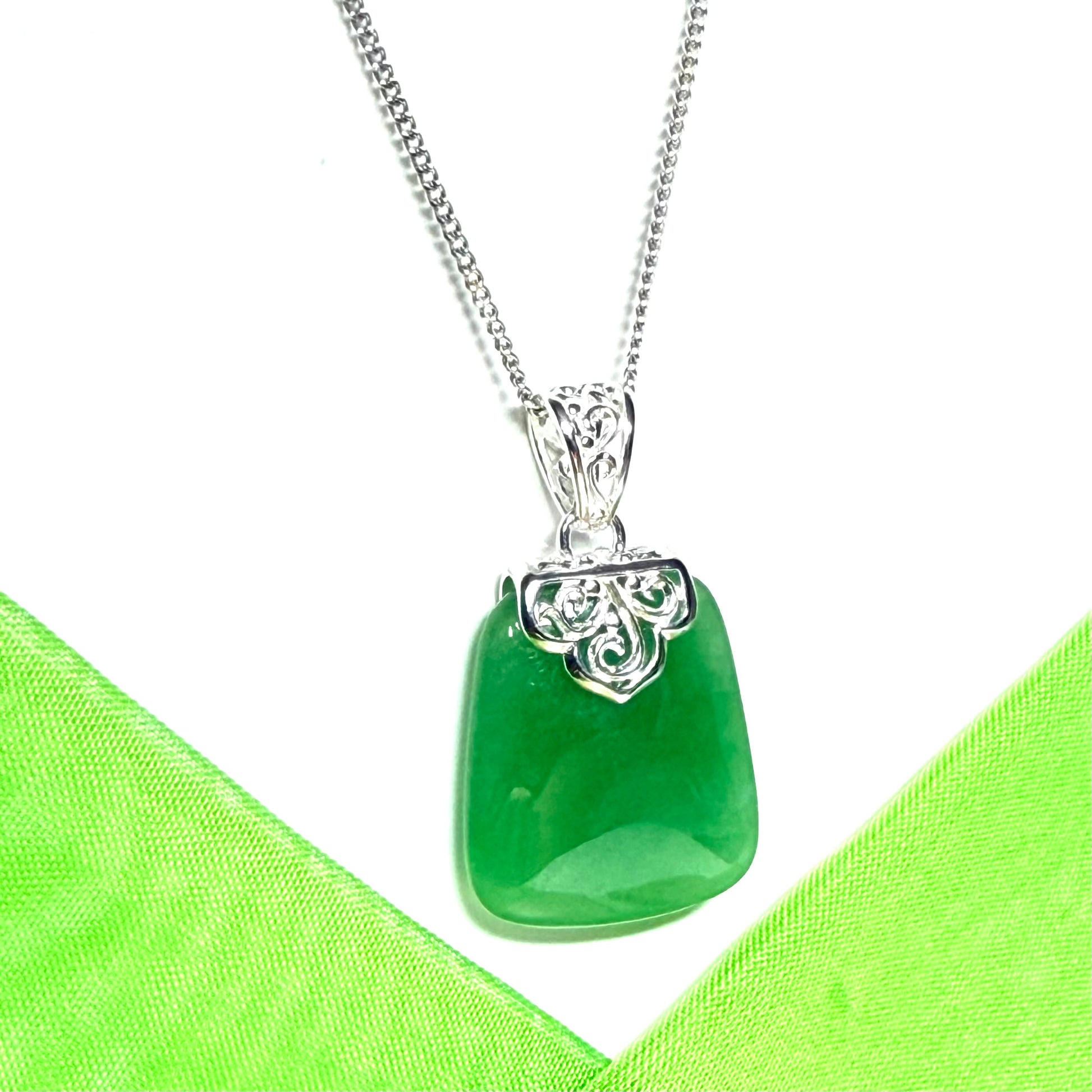 Beautiful and timeless real green jade necklace large cushion shaped with a chain