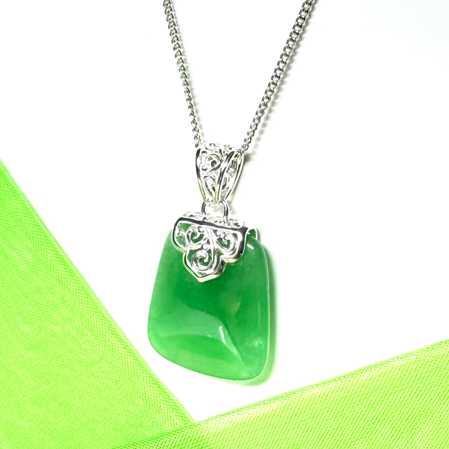 Beautiful and timeless real green jade necklace large cushion shaped with a chain