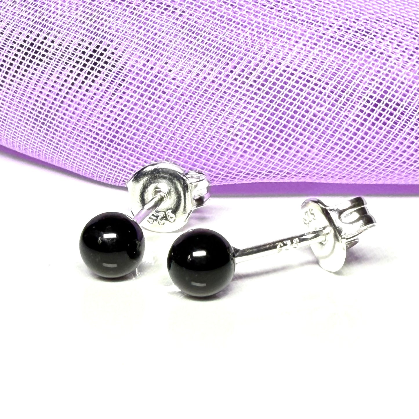 Black real onyx round ball shaped stud earrings