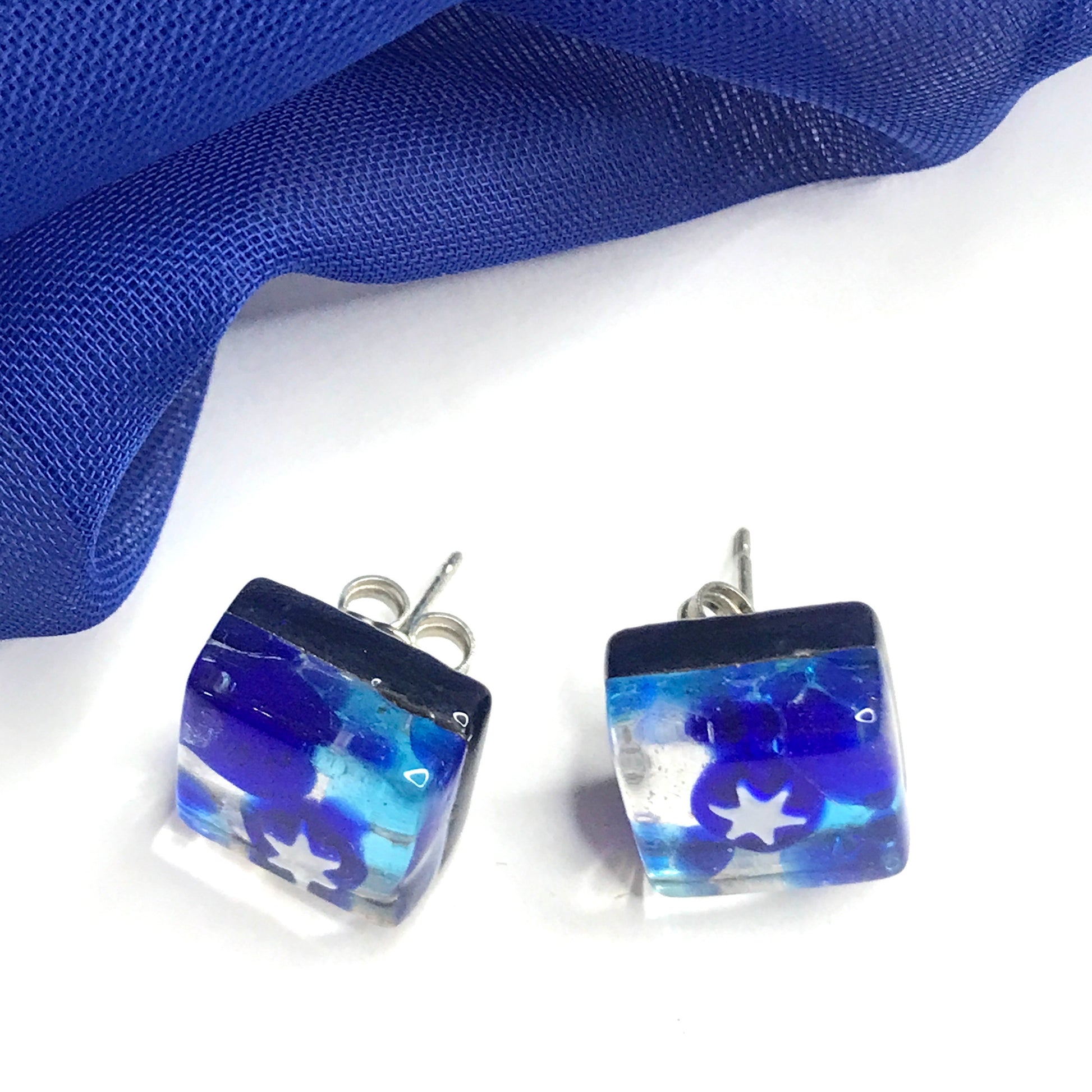 Beautiful blue real Murano Glass square stud earrings star design