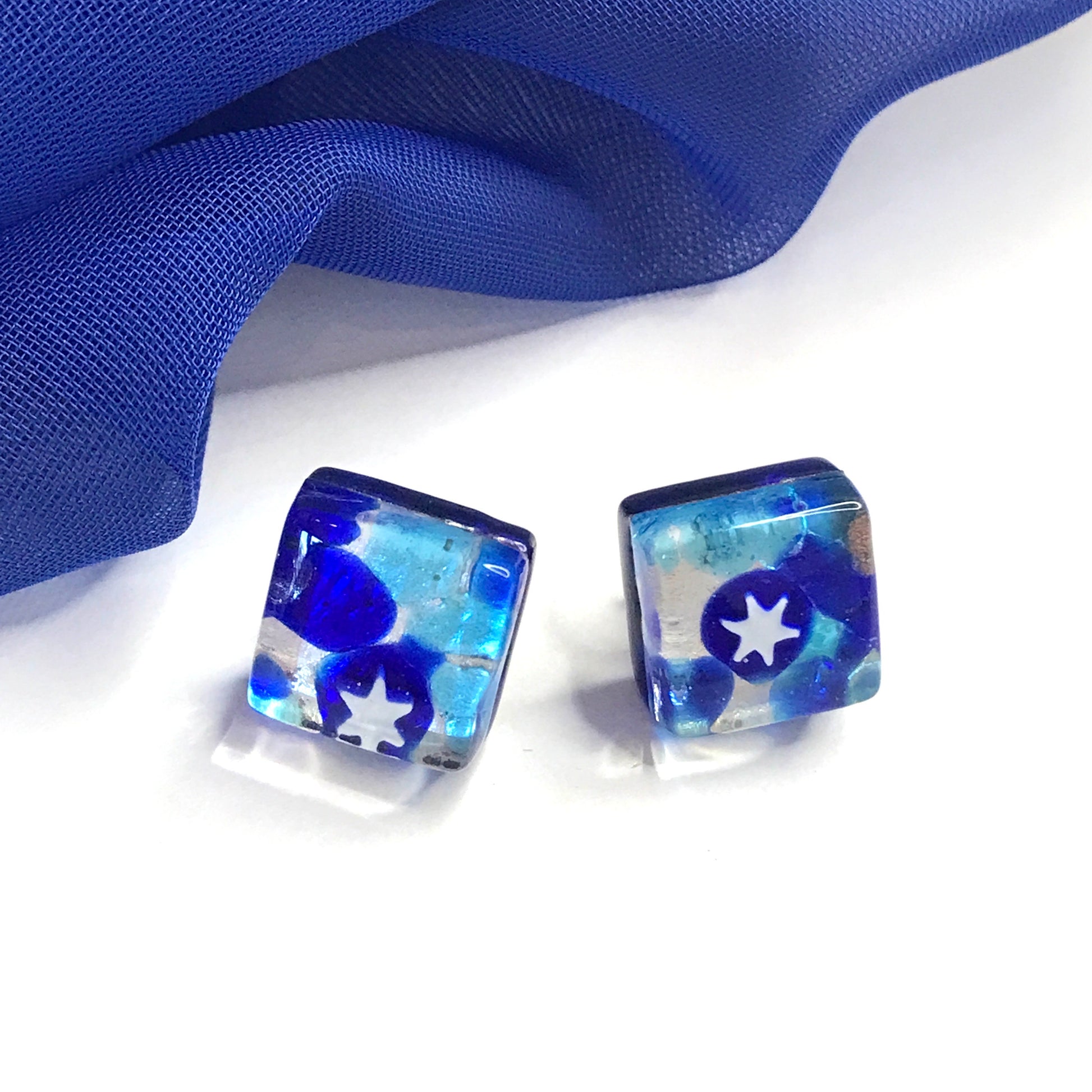 Beautiful blue real Murano Glass square stud earrings star design