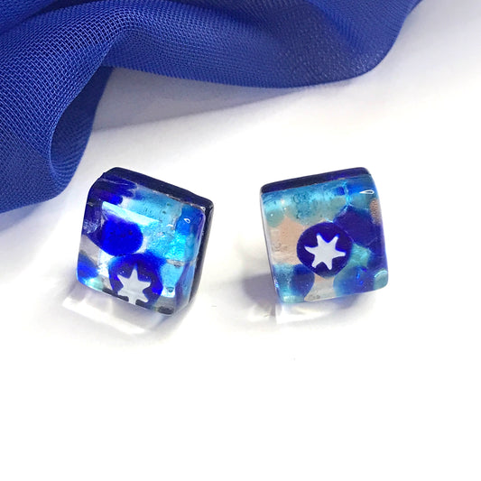 Beautiful blue real Murano Glass square stud earrings star design