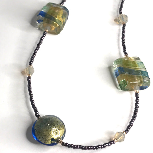 Beautiful light blue and golden square and round beaded real Murano glass necklace