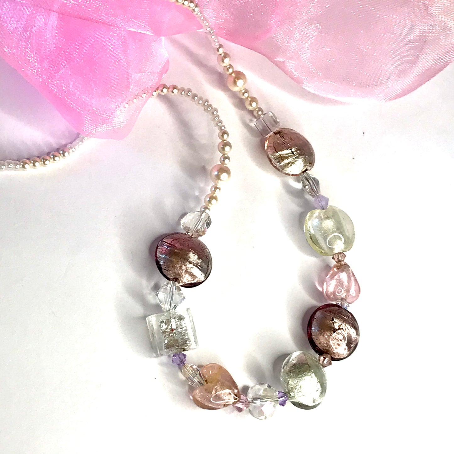 Beautiful pastel pink white beaded real Murano glass necklace with crystals