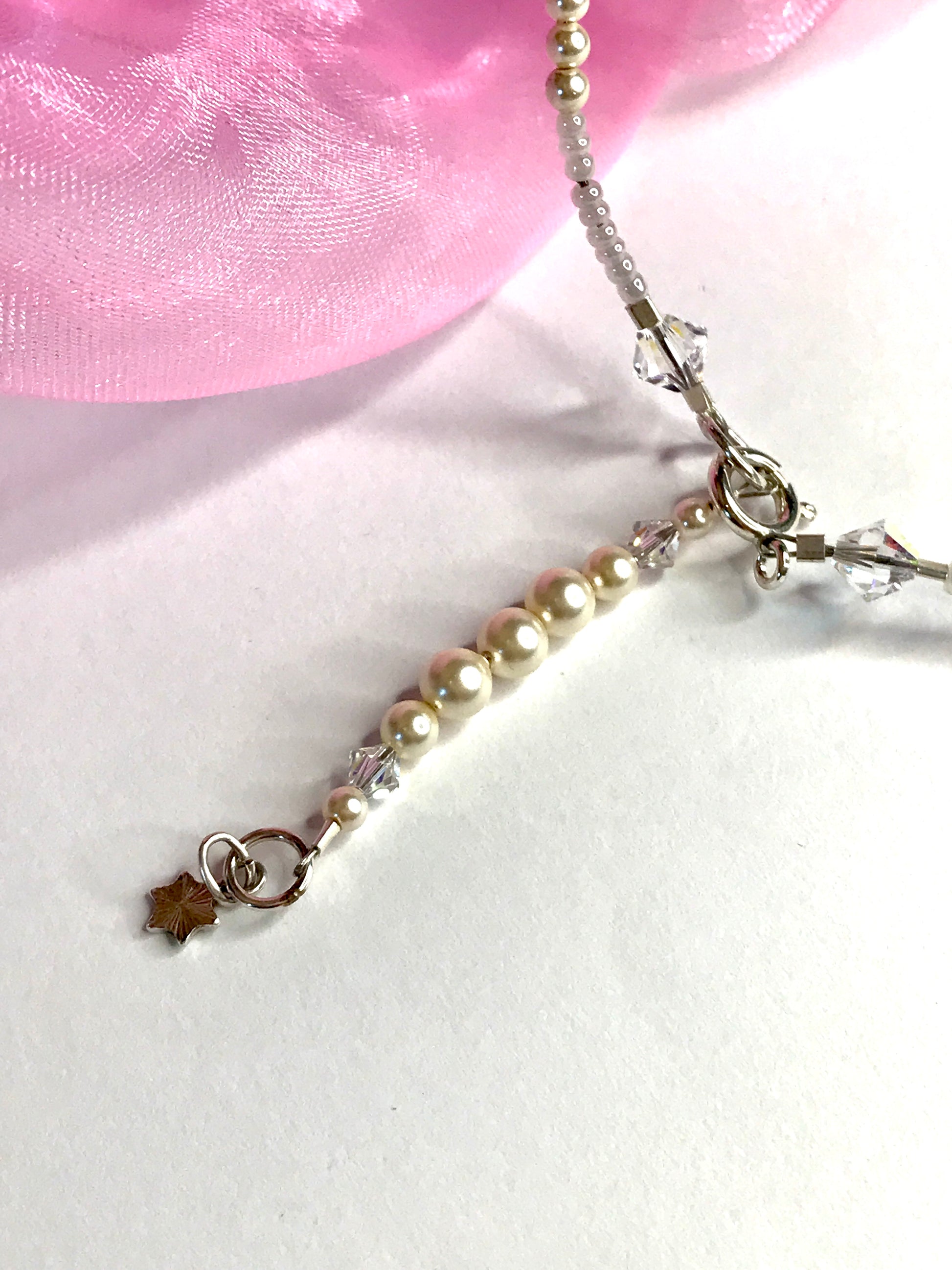 Beautiful pastel pink white beaded real Murano glass necklace with crystals extender