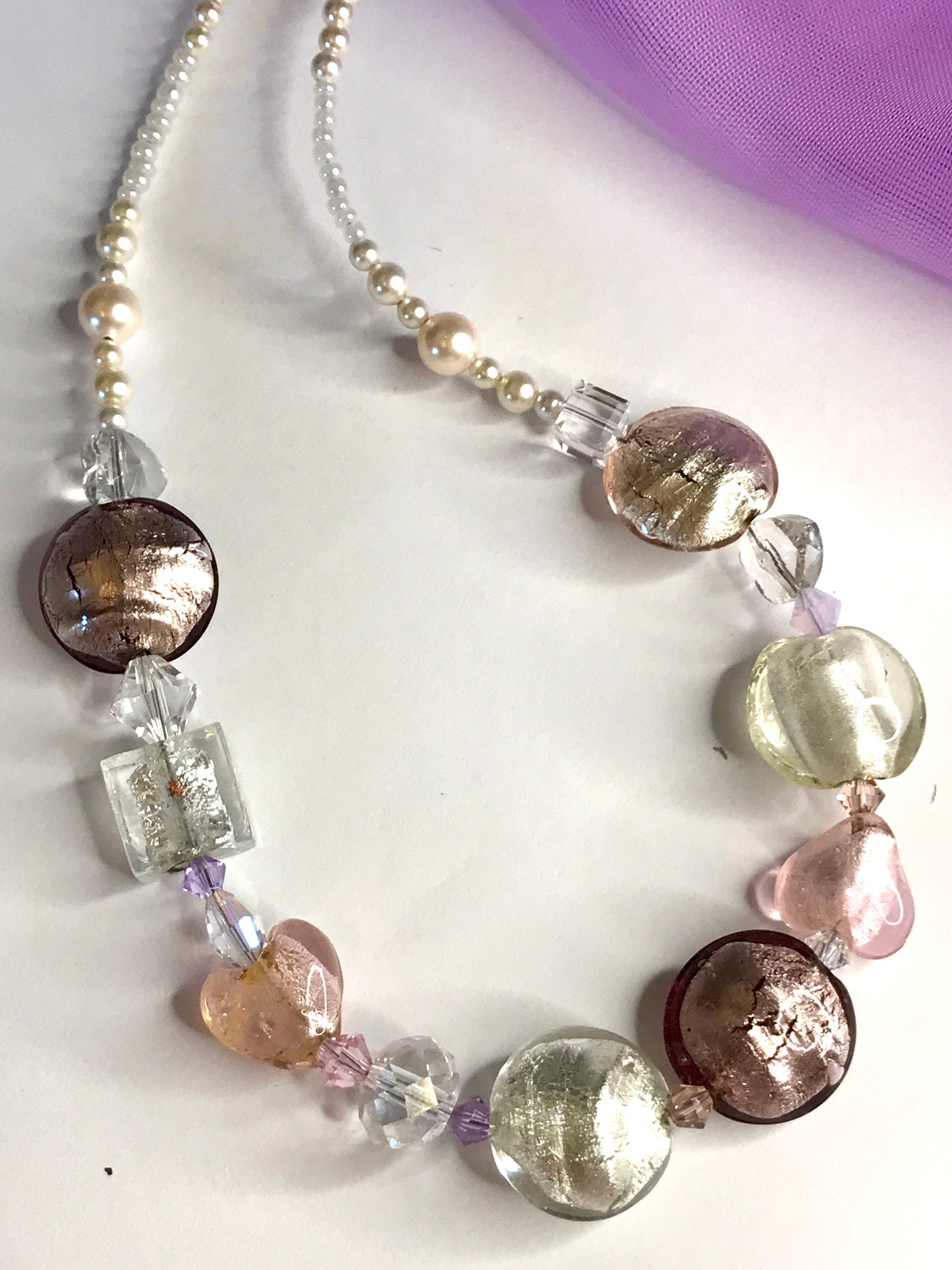 Beautiful pastel pink white beaded real Murano glass necklace with crystals extender