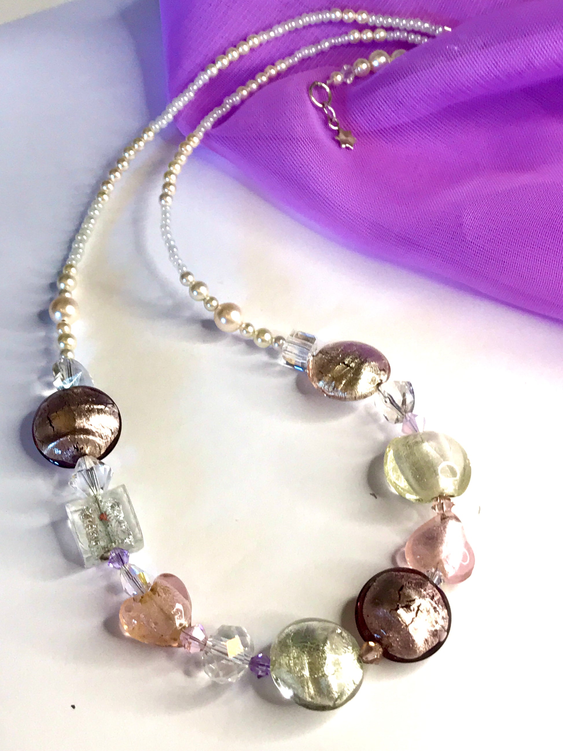 Beautiful pastel pink white beaded real Murano glass necklace with crystals extender