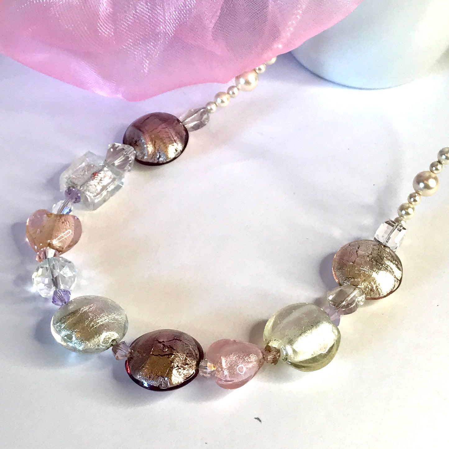 Beautiful pastel pink white beaded real Murano glass necklace with crystals extender