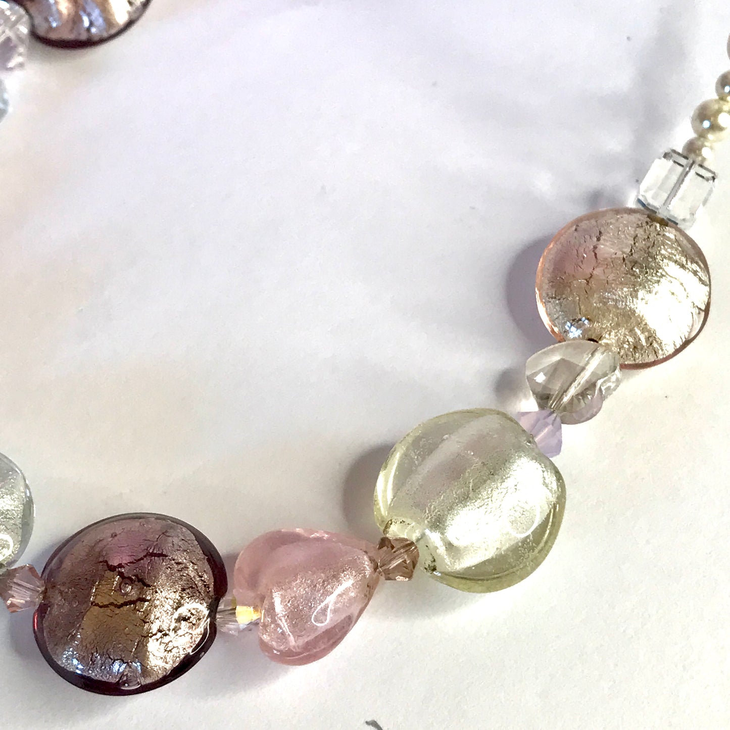 Beautiful pastel pink white beaded real Murano glass necklace with crystals