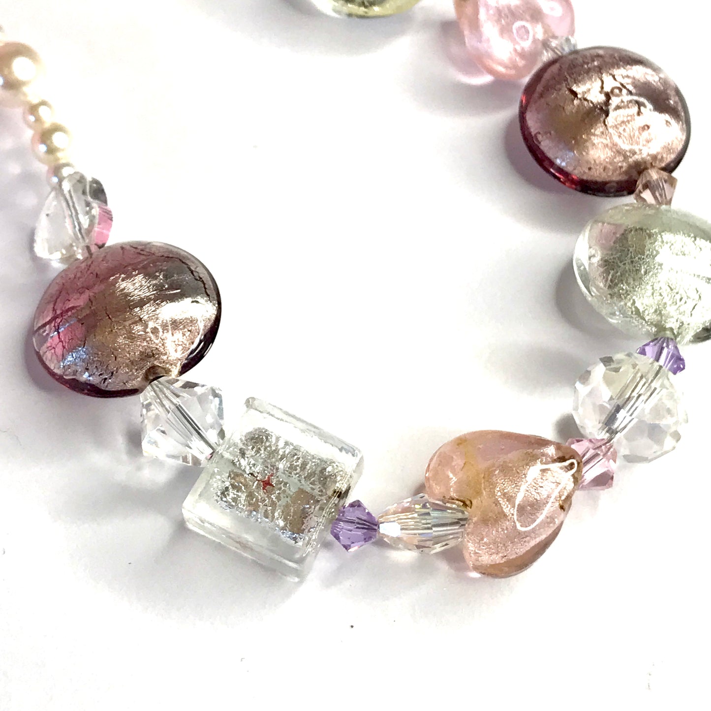 Beautiful pastel pink white beaded real Murano glass necklace with crystals