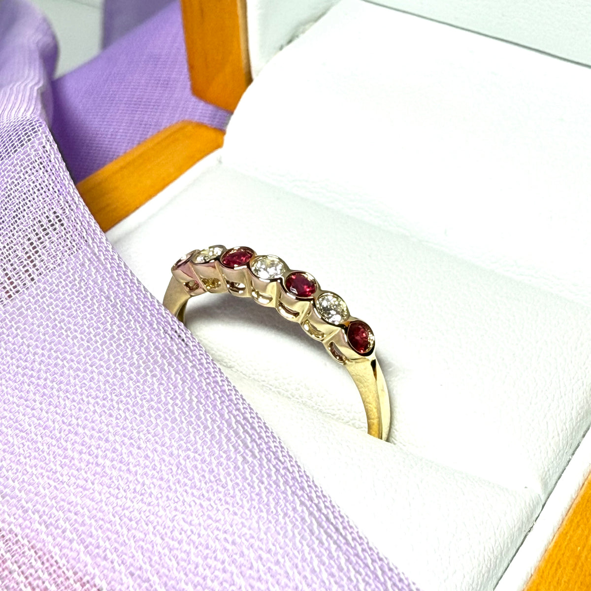 Beautiful real red ruby diamond eternity ring yellow gold