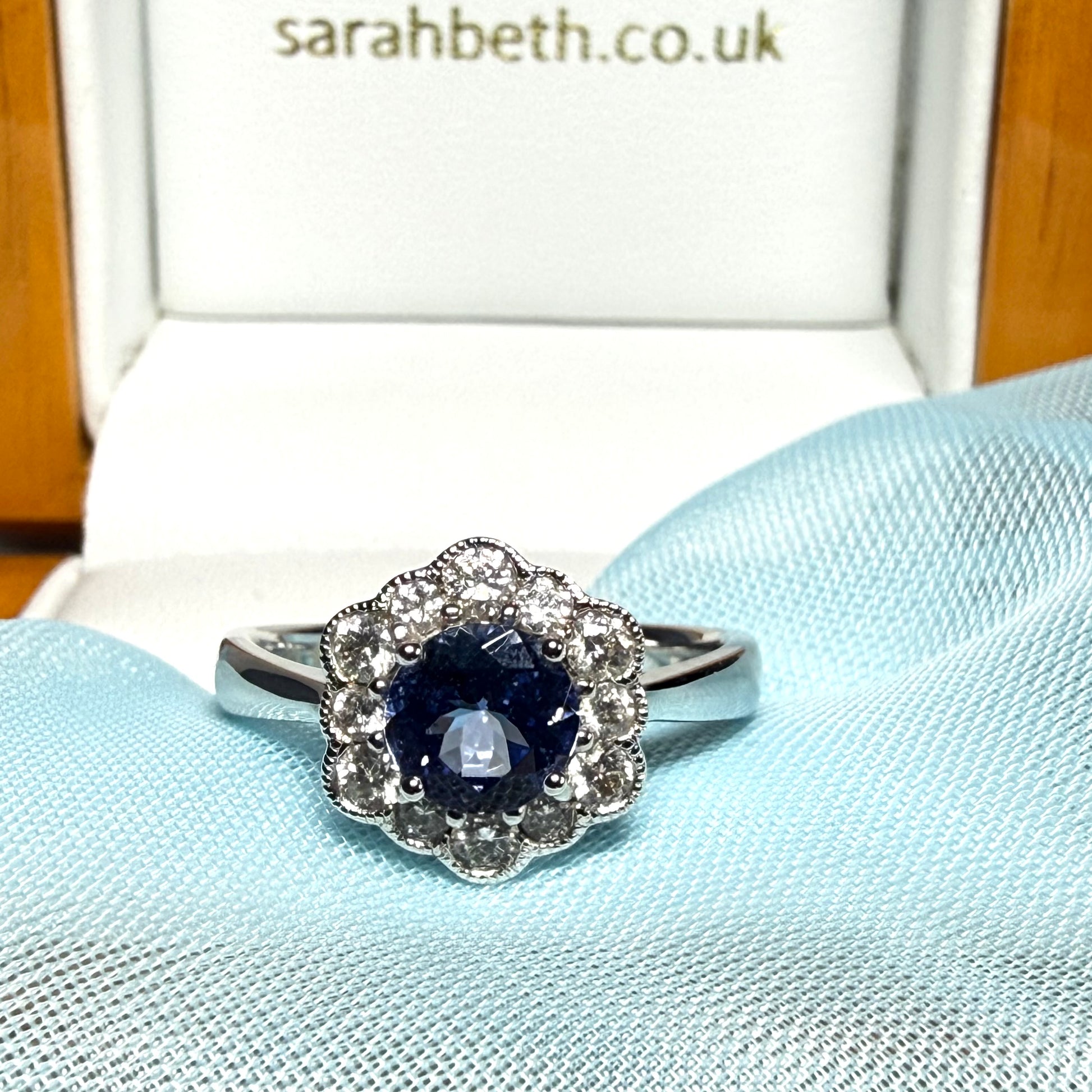 Stunning real tanzanite ring and diamond white gold cluster hexagonal shape
