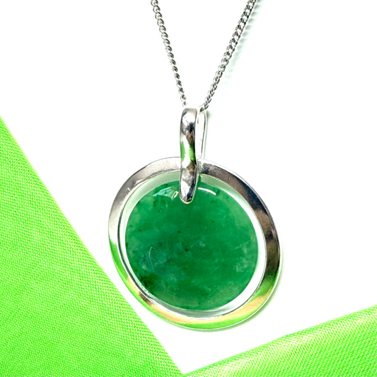 Beautiful stunning large silver round shaped dark green real jade necklace pendant with chain