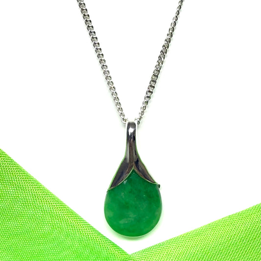 Beautiful stunning real green jade pendant necklace in a teardrop shape, exquisite and timeless design