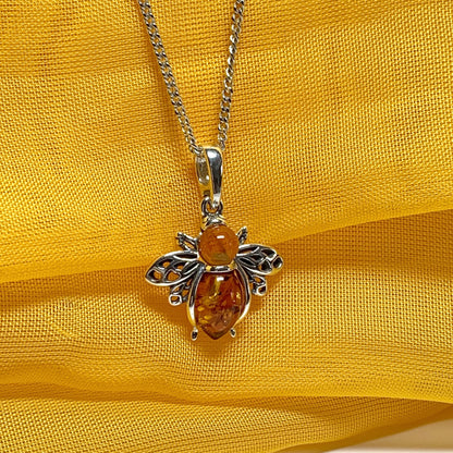 Bee real amber necklace sterling silver pendant including chain