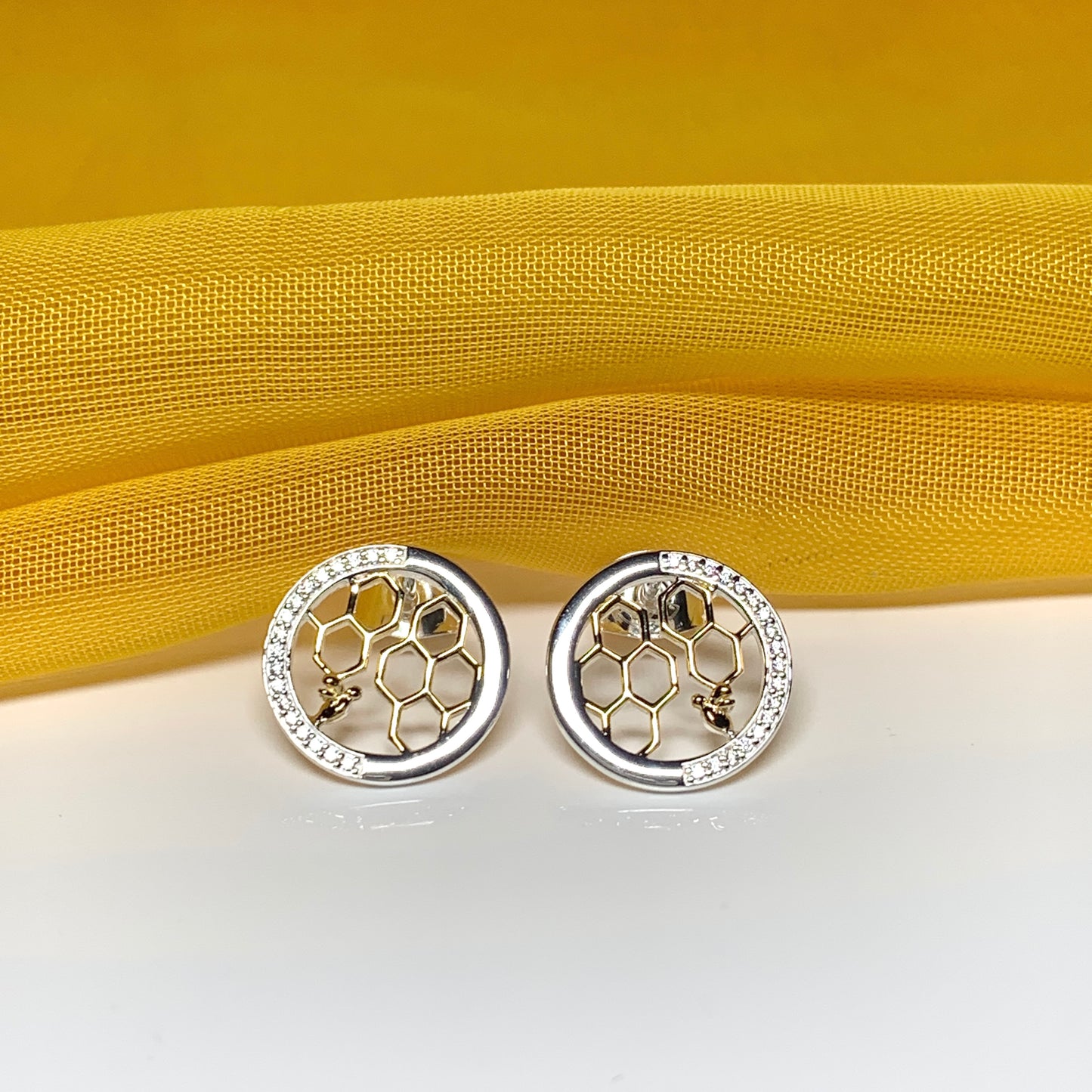 Bee stud earrings sterling silver gilt round honeycomb