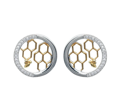 Bee stud earrings sterling silver gilt round honeycomb